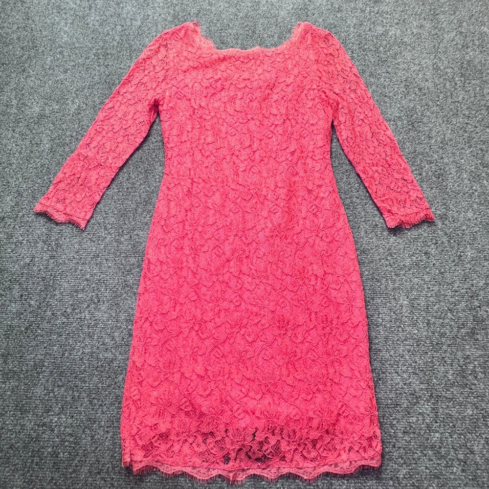 Adrianna Papell Coral Pink Floral Lace Sheath Dress 3/4 Sleeve Petite 4P